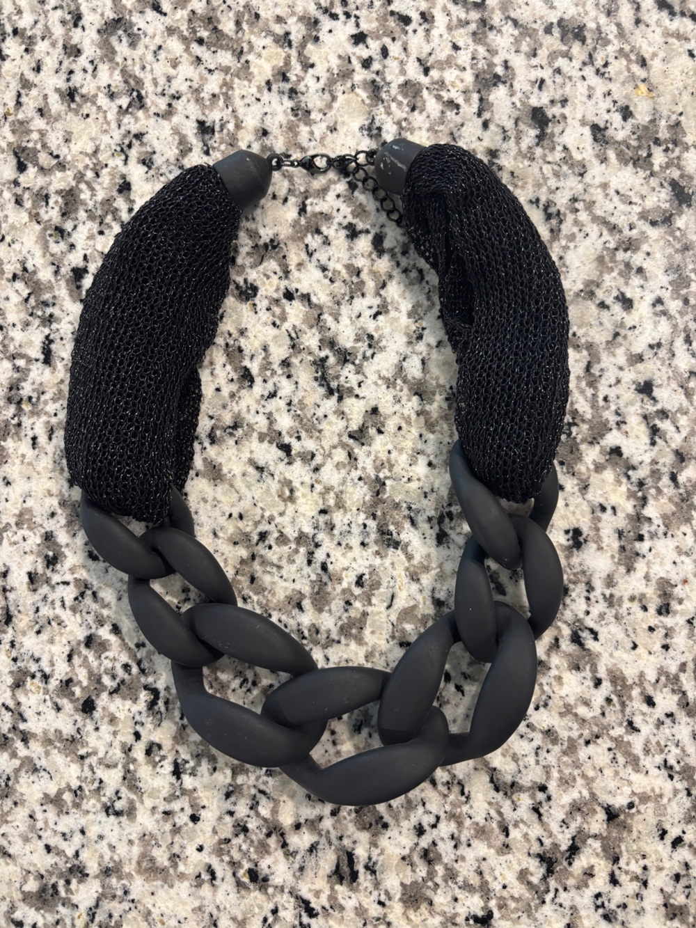 Chunky Black Link Necklace with Mesh Accents
